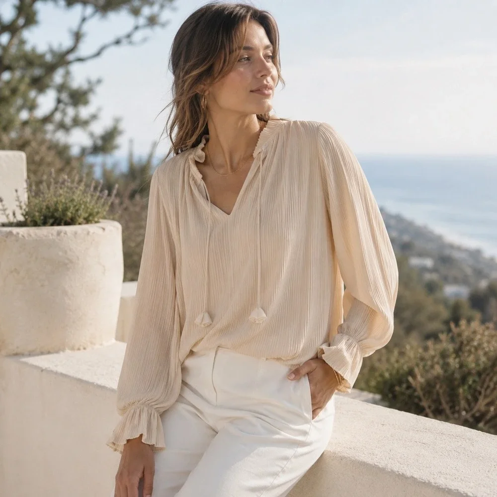 MISA Los Angeles Blouse Womens XS Cream Pleated V-Neck Tie Tassel Ruffle Cuff - Picture 1 of 14